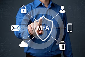 MFA security shield: protecting identity, cloud data, and mobile access from threats.