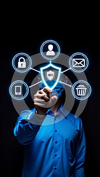 MFA security shield: protecting identity, cloud data, and mobile access from threats.