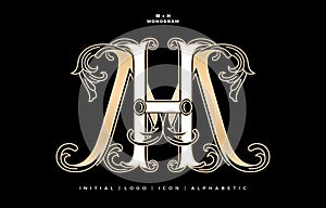 MH or HM monogram, initial letter and graphic name floral designs with gold and white colors isolated black backgrounds