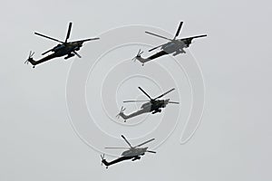 Mi-28N Night Hunter attack helicopter group over Red Square during the Victory Air Parade