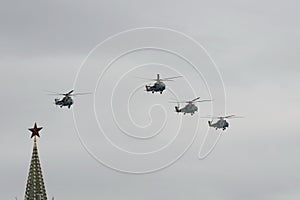 Mi-35 m attack helicopter gunships during the parade dedicated to the 75th anniversary of victory In the great Patriotic war