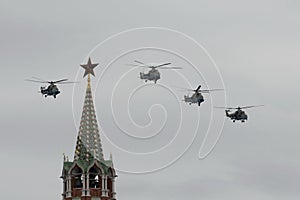 Mi-35 m attack helicopter gunships during the parade dedicated to the 75th anniversary of victory In the great Patriotic war