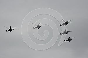 Mi-35 m attack helicopter gunships during the parade dedicated to the 75th anniversary of victory In the great Patriotic war