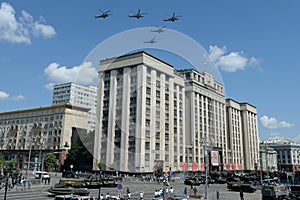 Mi-35M attack helicopters in the sky over Moscow during the parade dedicated to the 75th anniversary of Victory in the Great Patri
