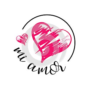 Mi Amor vector hand lettering My love in Spanish vector digital calligraphy romantic inscription on heart shape background