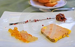 Mi cuit foie gras duck liver pate with Riesling wine jelly in Strasbourg, France