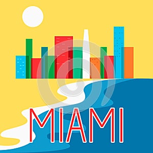 Miami abstract skyline city skyscraper flat colorful vector illustration