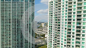 Miami aerial 360 view buildings boats Miami river and down town