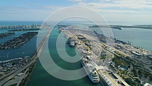 Miami aerial view buildings boats Miami river and down town