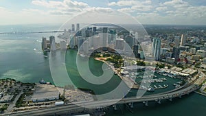 Miami aerial view buildings boats Miami river and down town