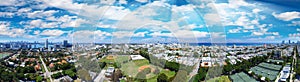 Miami, aerial view of city skyline from a park