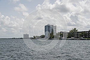 Miami bay at Florida cloudy skyline above the apartments and condominiums