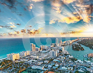 Miami Beach buildings and canals, aerial sunset view