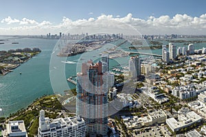 Miami Beach city in southern Florida, USA. High luxury hotels and condominium buildings. High angle view of tourist