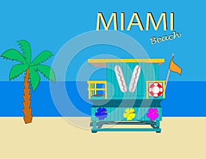 Miami Beach, Colored Lifeguards Tower on colorful background .Summer Card.