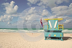 Miami beach colorful lifeguard towers. Quirky iconic structures. Lifeguard towers South Beach unique worth taking