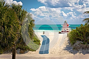 Miami Beach colorful sand beach and lifeguard post view