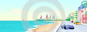 Miami beach at daytime flat color vector illustration