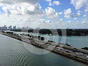 Miami Beach downtown coast highway and skyscrappers view from the deck of the cruise ship, Florida, US photo