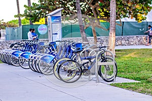 Miami Beach, FL - February 25, 2016: Bike rental station along Ocean Drive