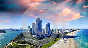 Miami Beach, Florida. Beautiful panoramic aerial view at sunset