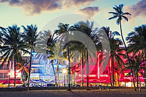 Miami Beach, Florida hotels and restaurants at sunset on Ocean D