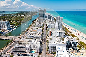 Miami Beach Florida. Panorama of Miami South Beach City FL. Atlantic Ocean. Summer vacations. Beautiful View on Residential house