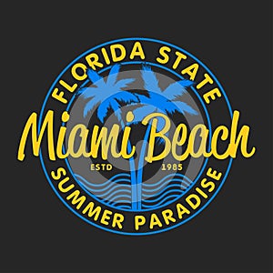 Miami Beach, Florida State - typography for design clothes, t-shirts with palm trees and waves. Graphics for apparel. Vector.