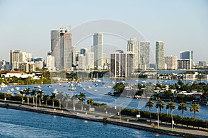 Miami Beach, Florida, U.S - February 24, 2024 - The view of the downtown, the highway and the bay on a sunny day