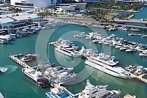 Miami Beach, Florida USA - March 23, 2021: luxury boats in yacht port on summer