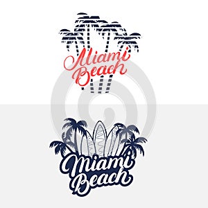 Miami Beach hand written lettering with palms and surfboards for tee print, label, badge.