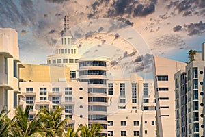 Miami Beach hotels and condos on dramatic sky