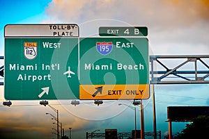 Miami Beach and Miami International Airport exit sign on 195 Interstate highway