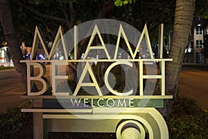 Miami beach night sign. Miami Beach welcome sign, Florida.