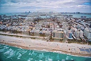 Miami Beach Ocean Drive and shoreline  as seen from helicopter, aerial city view