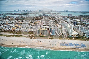 Miami Beach Ocean Drive and shoreline  as seen from helicopter, aerial city view