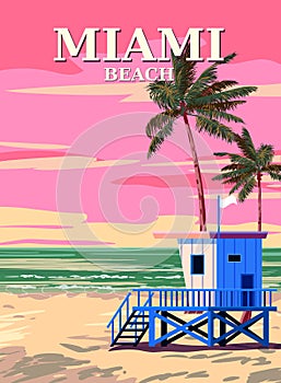 Miami Beach Retro Poster . Lifeguard house on the beach, palm, coast, surf, ocean. Vector illustration vintage