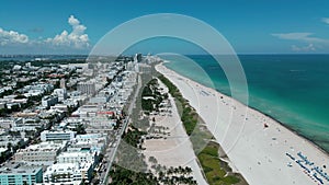 Miami Beach Skyline. Aerial view of tropical paradise Miami Beach from drone. Miami South Beach Aerial Panorama. Tourist