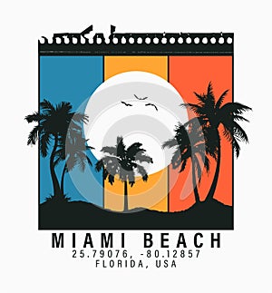 Miami Beach t-shirt design with palm trees, sun and gull birds. Miami, Florida tee shirt graphics with tropical palms