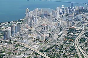 Miami city Downtown aerial view blue sea