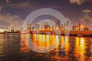 Miami city. Miami skyline panorama at dusk with skyscrapers over sea. Night downtown sanset.