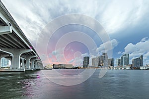 Miami city skyline panorama at dusk