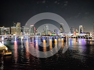 Miami city skyline panorama at dusk with urban skyscrapers and bridge over sea