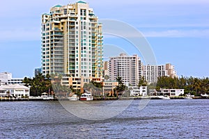 Miami city waterfront buildings and boats.