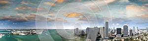 Miami Downtown and Brickell Key aerial view at sunset, Florida -