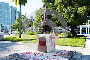 Miami Downtown, FL, USA - JUNE, 2020: Violent protests against Juan Ponce de Leon in Miami downtown, who may have