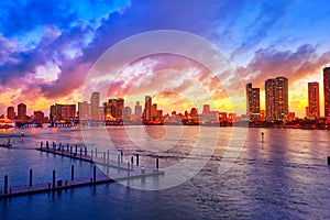 Miami downtown skyline sunset Florida US