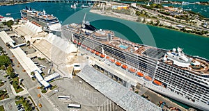 MIAMI - FEBRUARY 27, 2016: Cruise ships docked at the port, aerial view. Miami is the world busiest port for sea cruises