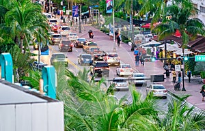 Miami, FL - February 25, 2016: Car traffic in Miami Beach at dusk, aerial view