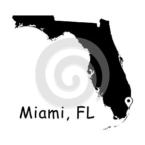 Miami on Florida State Map. Detailed FL State Map with Location Pin on Miami City. Black silhouette vector map isolated on white b